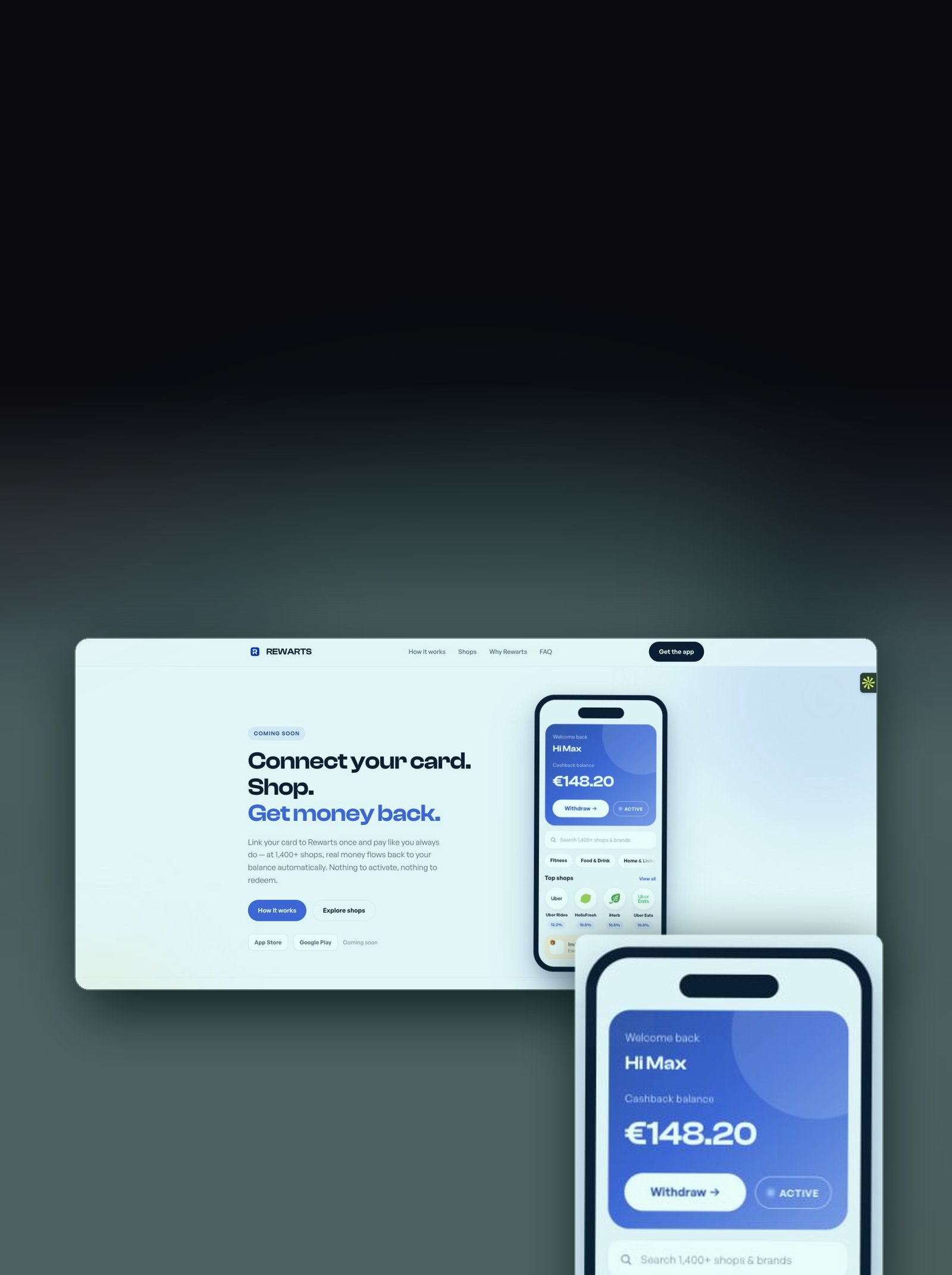Rewarts — card-linked cashback app, product screens built by The Protocol