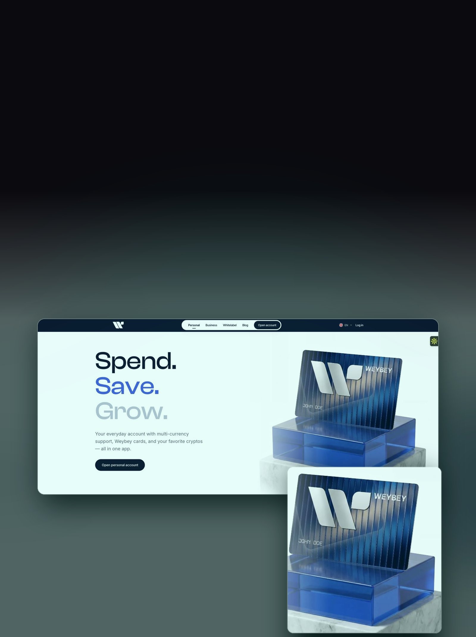 Weybey — multi-currency neobank, product screens and card design built by The Protocol