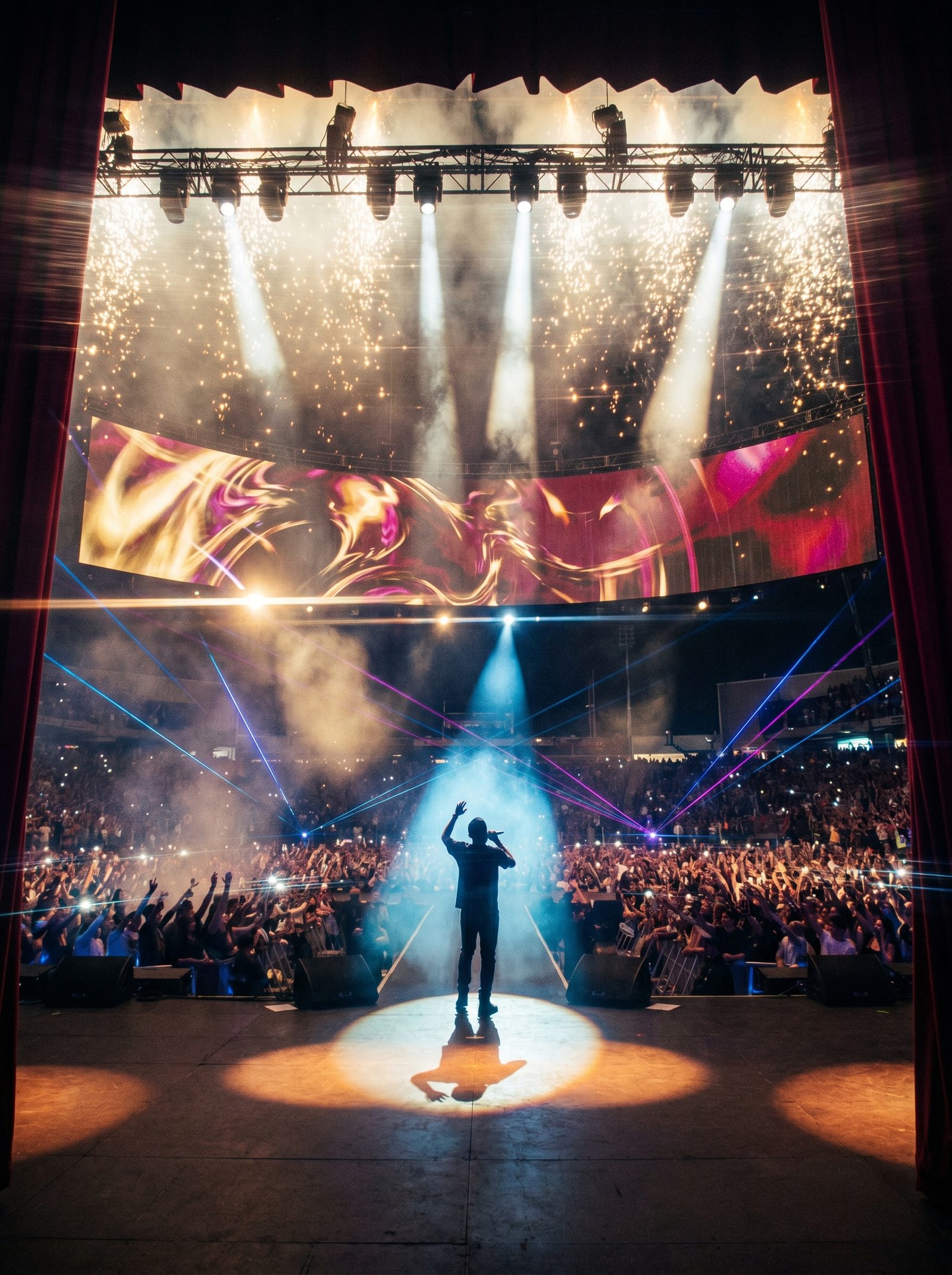 AI Event Production — packed arena live launch, lasers and sparks