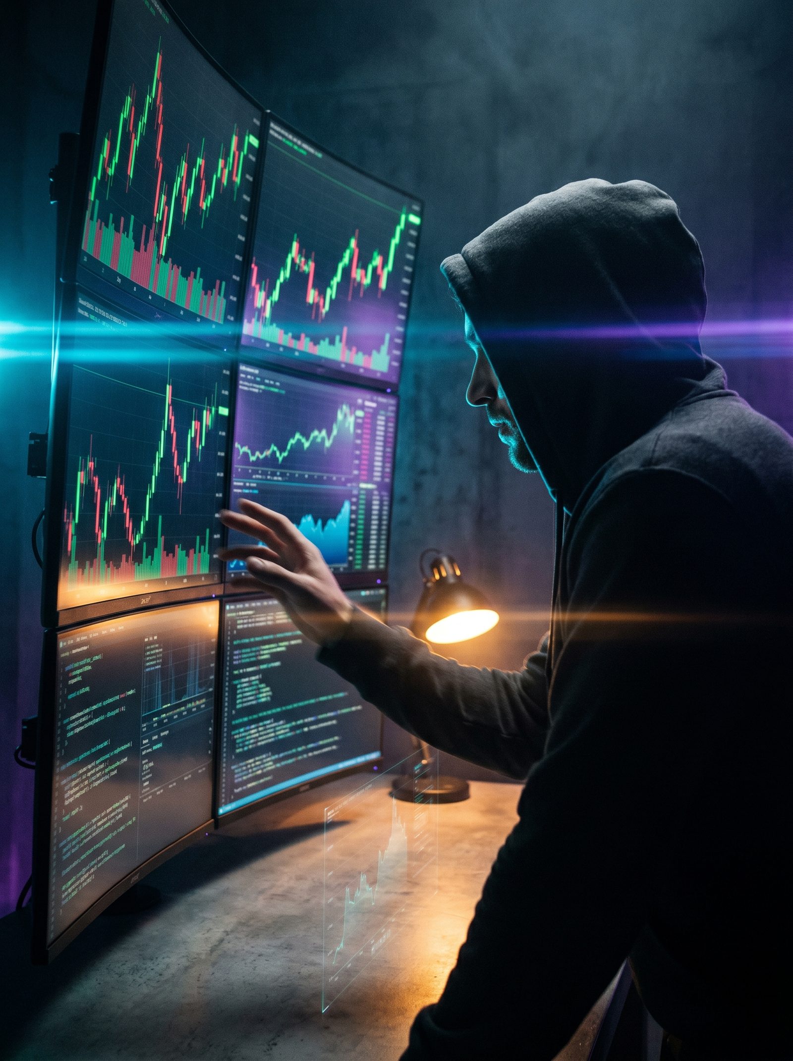 Crypto Community OS · hooded operator hands-on touch of trading wall