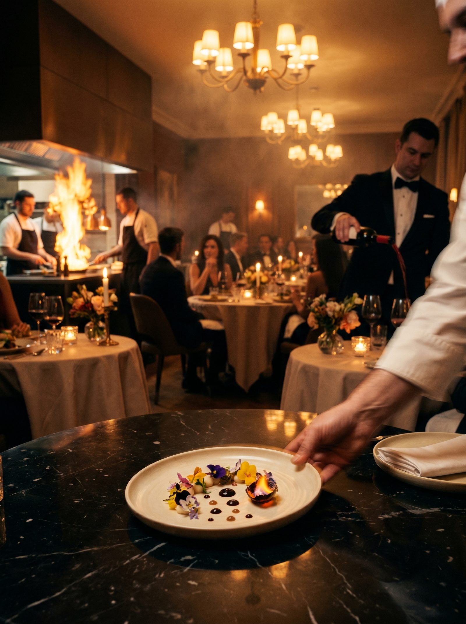 Luxury Hospitality · Fine-Dining service moment with chef, sommelier and candlelit dining room