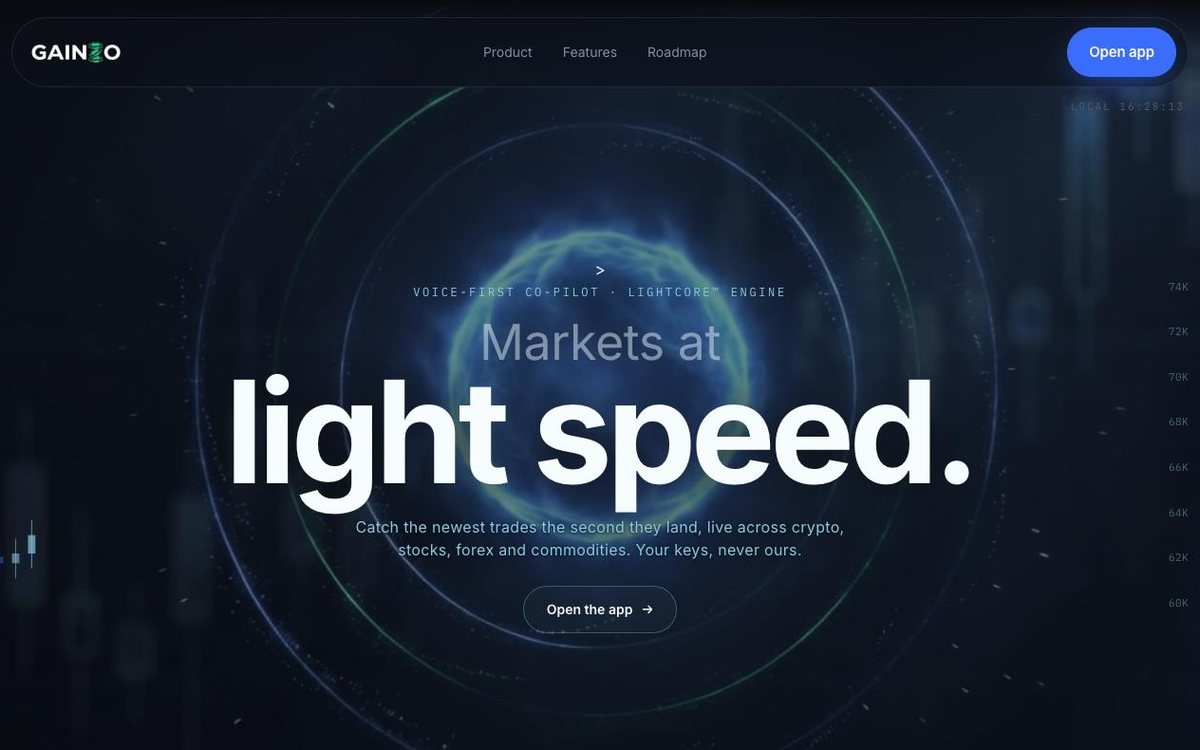 Gainzo — voice-first AI trading co-pilot, product site built by The Protocol